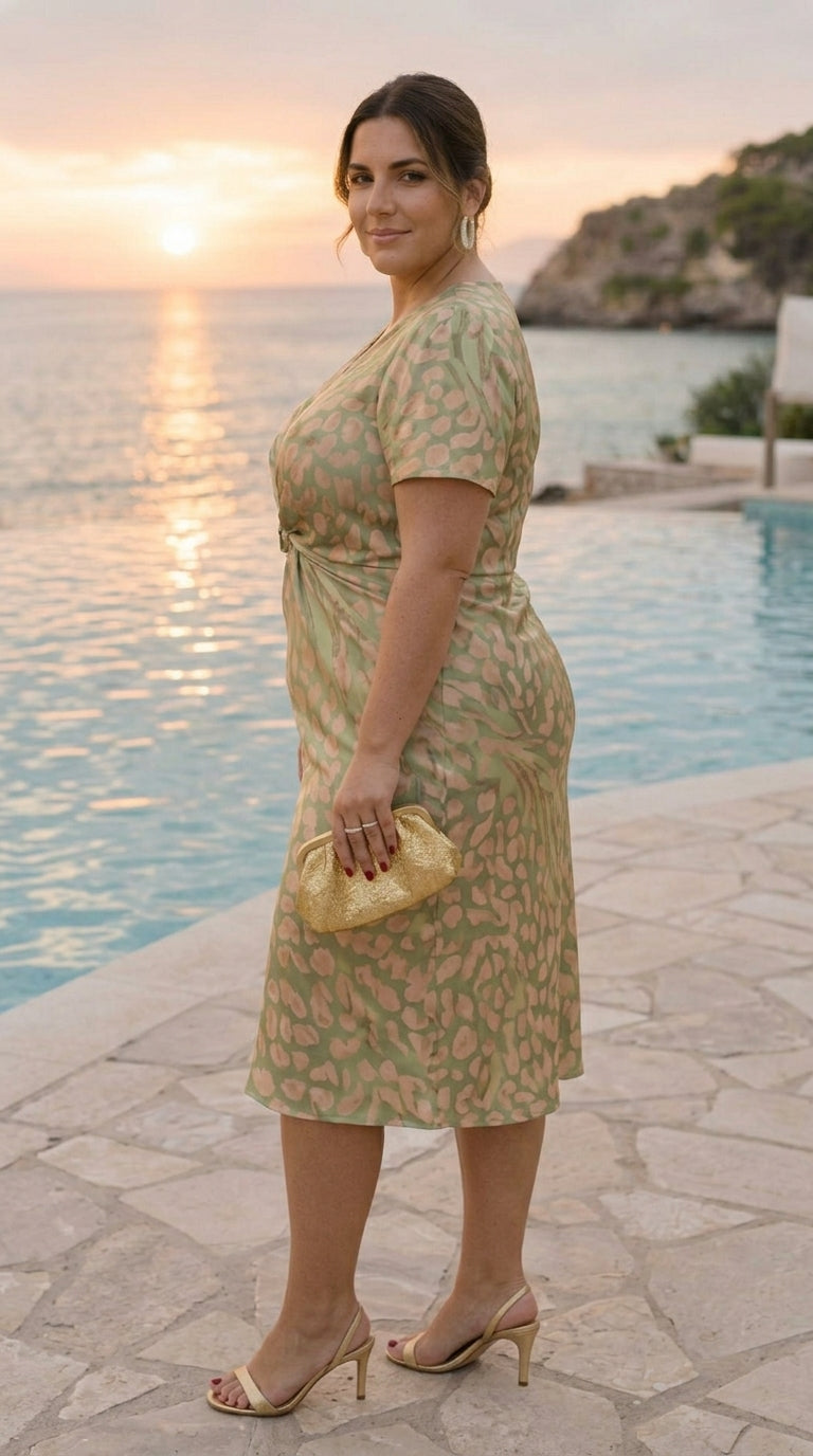 Vestido Midi con Efecto Adelgazante, Nudo Central y Caída Fluida