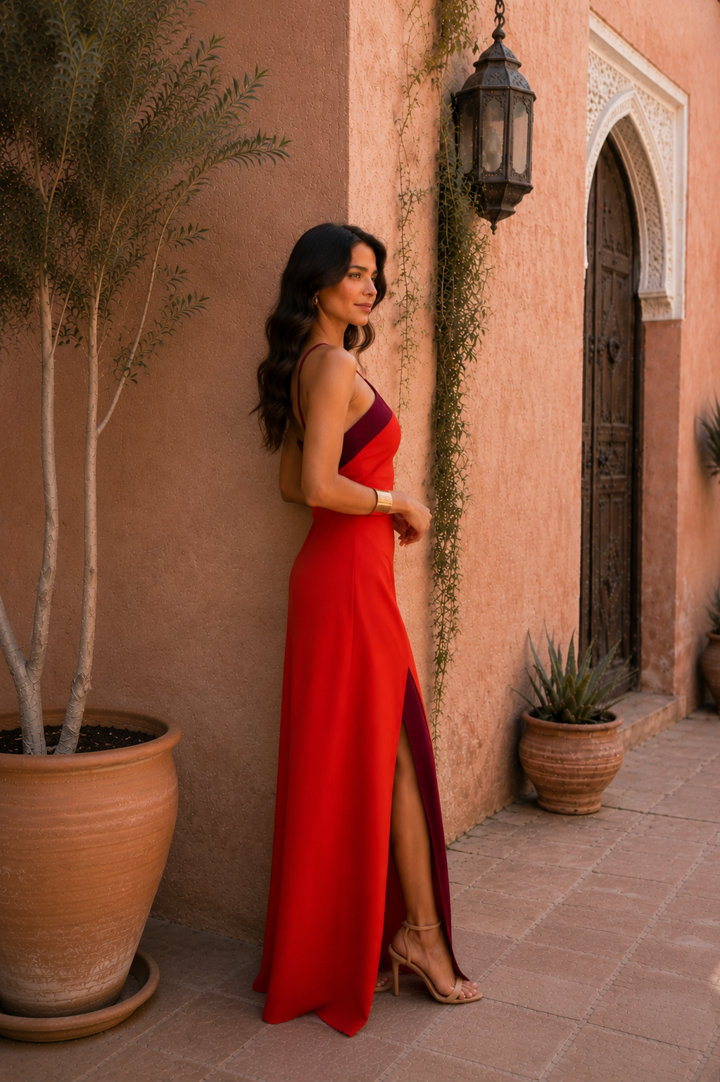 Vestido largo con escote halter y abertura