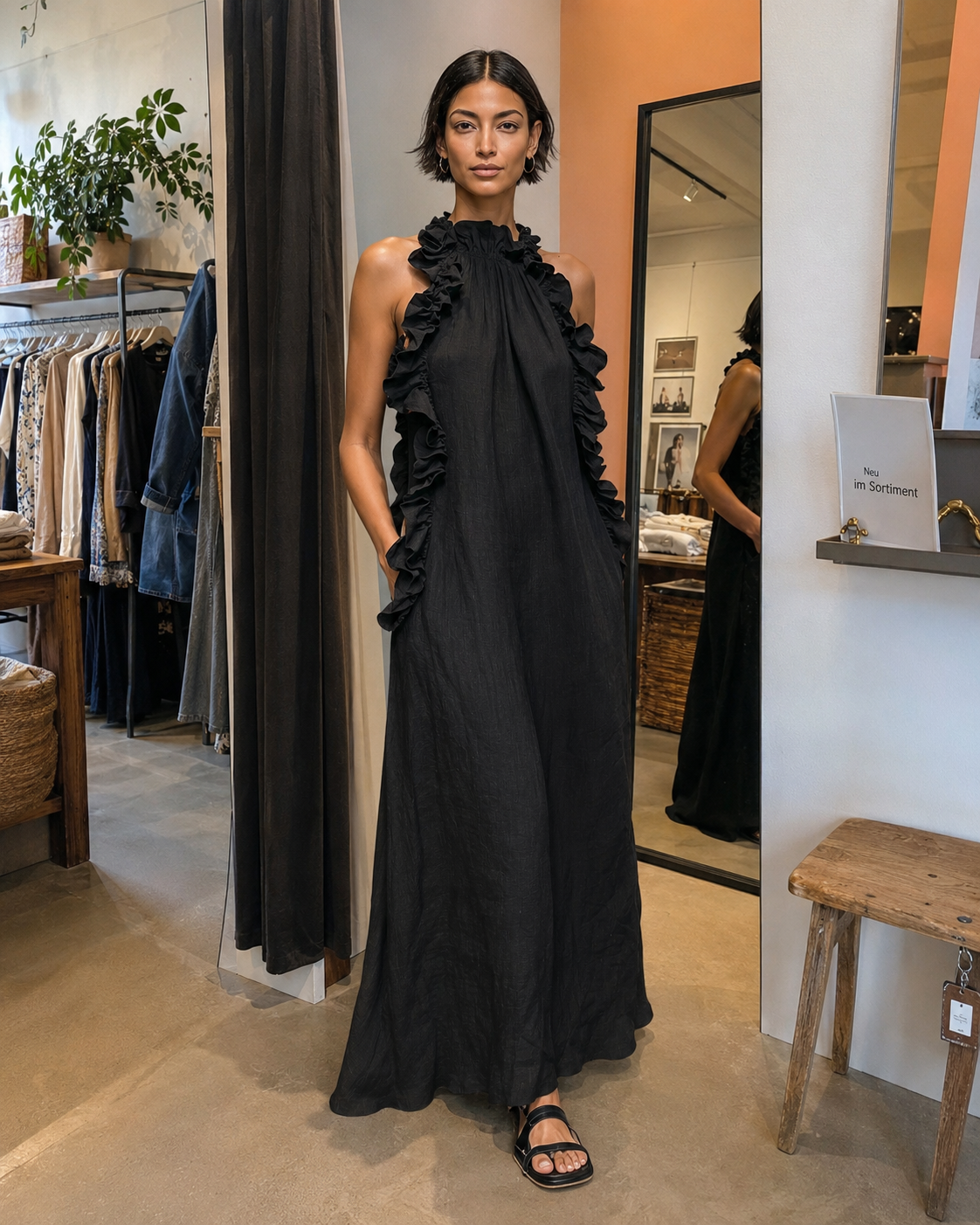 Helene | Vestido maxi sin mangas de lino con volantes
