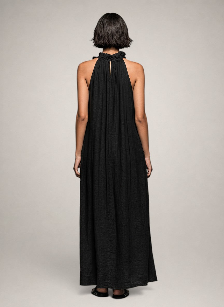 Helene | Vestido maxi sin mangas de lino con volantes