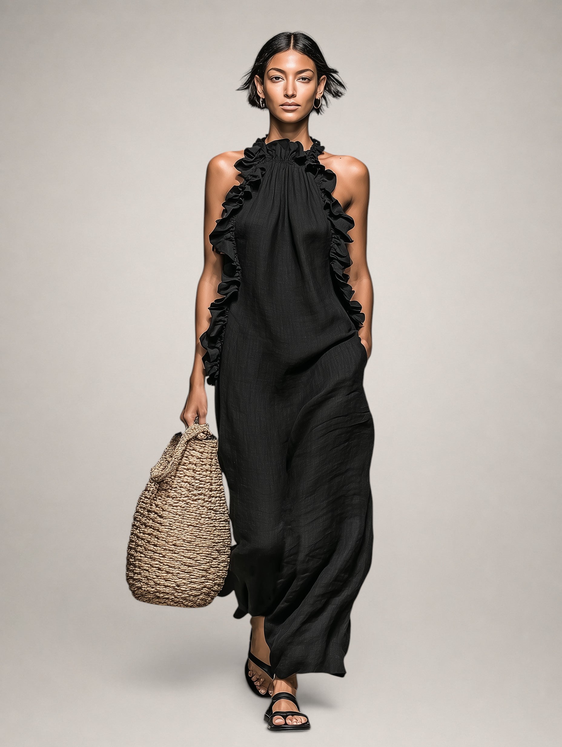 Helene | Vestido maxi sin mangas de lino con volantes