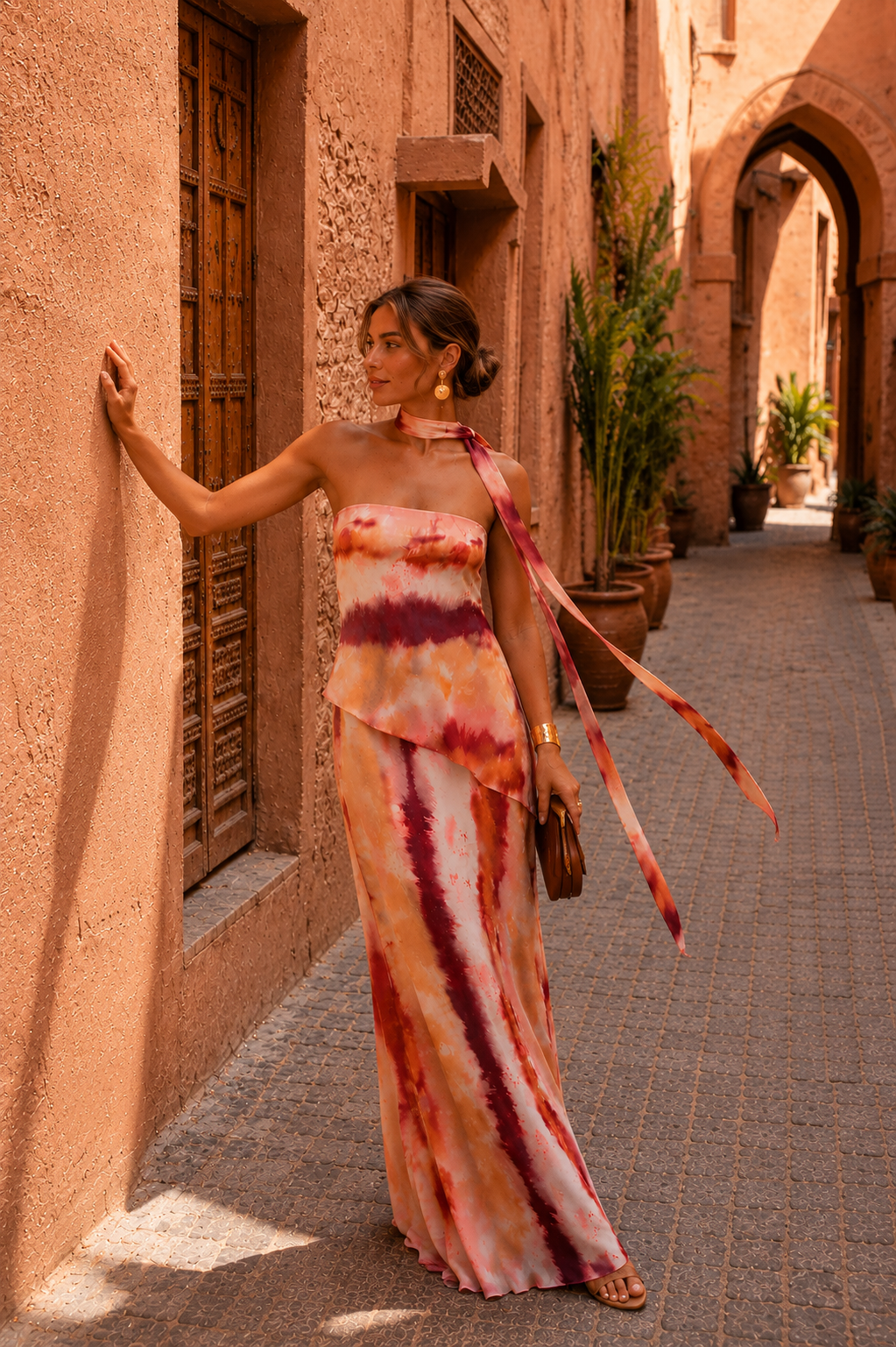 Vestido largo impreso con escote sin tirantes
