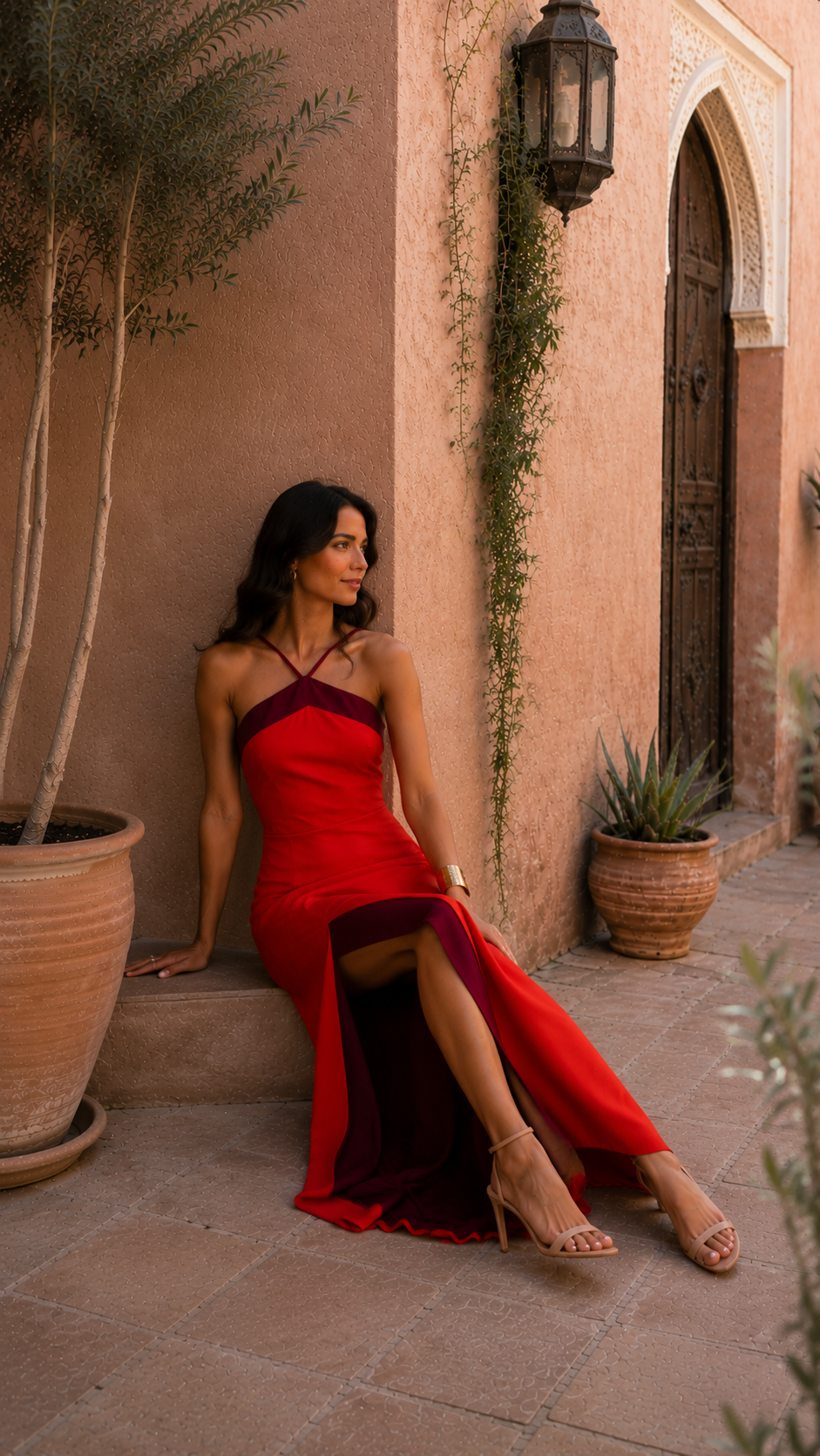 Vestido largo con escote halter y abertura