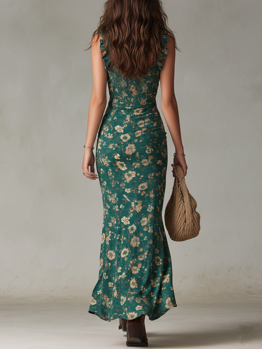 Vestido largo bohemio retro de tejido fluido con mangas abullonadas y elegante abertura