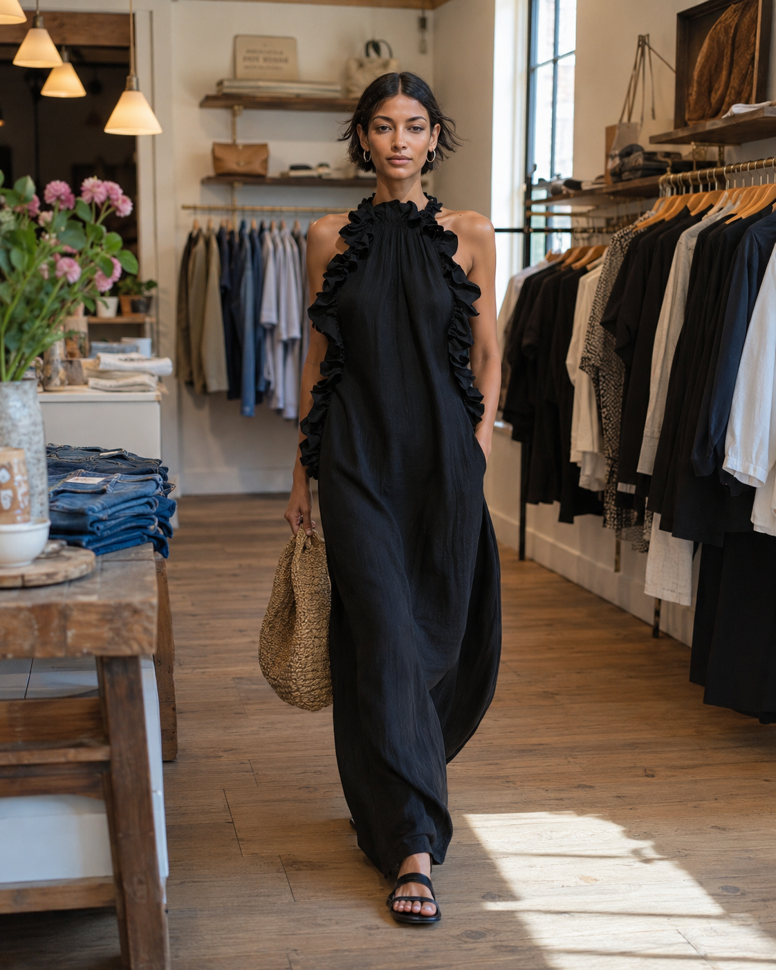 Helene | Vestido maxi sin mangas de lino con volantes
