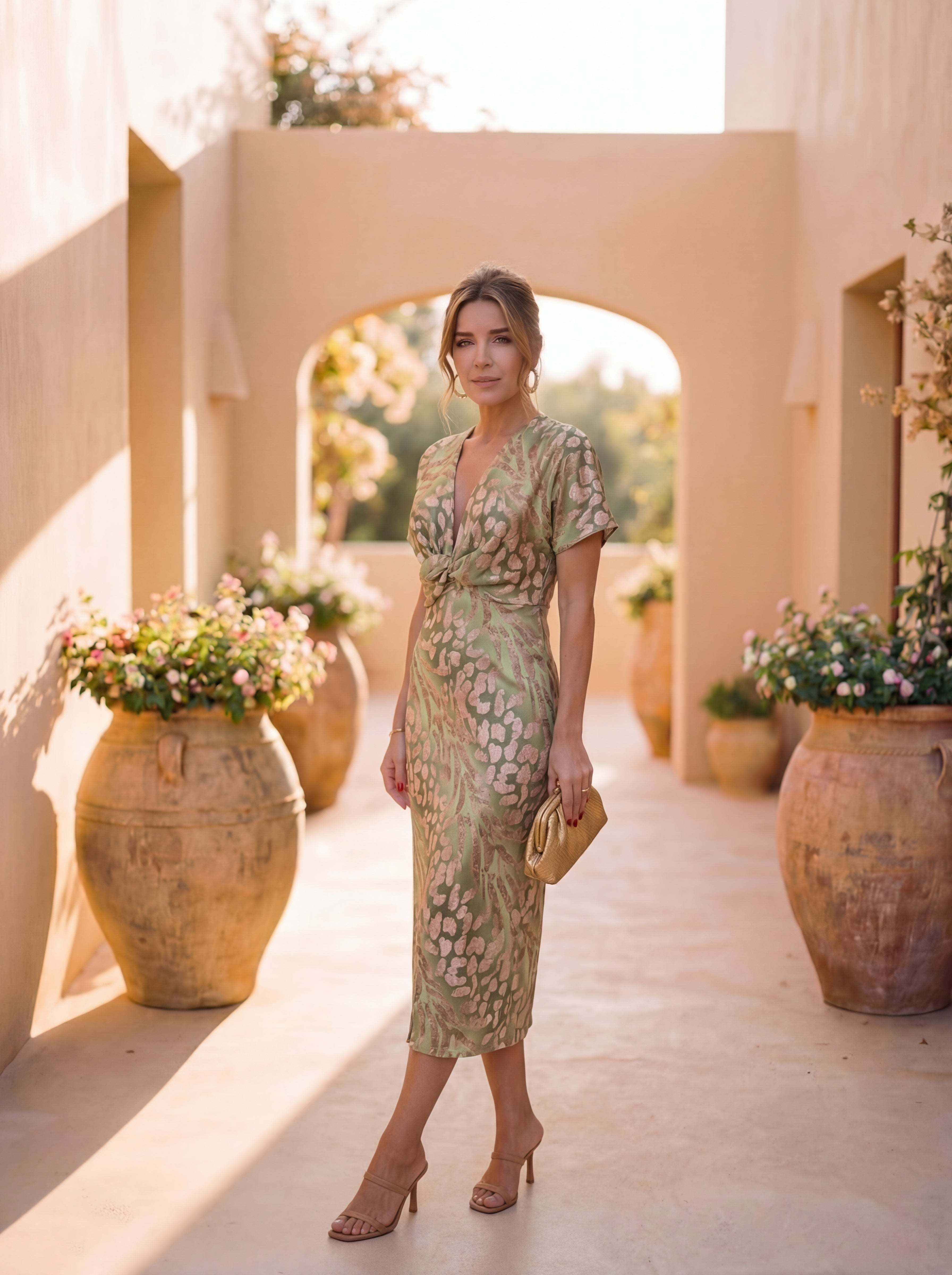 Vestido Midi con Efecto Adelgazante, Nudo Central y Caída Fluida